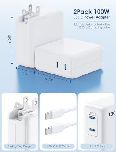 High-Efficiency Essri 100 W USB-C Charger Duo Pack – Dual 65 W Fast Charging Ports for Mac Book Pro, Air, i Pad Pro & i Phone 15/16 – Includes 6 FT & 10 FT USB-C Cables for Maximum Connectivity and Travel Convenience