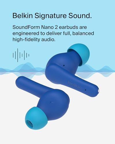 Belkin Sound Form Nano 2 Kids Bluetooth Earbuds – Safe Listening at 85 d B, 28-Hour Playtime, IPX5 Water-Resistant Design, Built-in Microphone for Clear Communication – Perfect for i Phone, i Pad, Galaxy – Stylish and Durable Pink Earbuds for Young Music Lovers