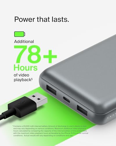 Belkin 20000 m Ah USB-C Power Bank – Dual USB-A Ports, Fast 15 W Charging for i Phone 16/15 Plus, Samsung Galaxy S25, Pixel, i Pad, Nintendo Switch 2 – Travel-Friendly Design in Pearl Blue for Enhanced Device Compatibility and On-the-Go Power