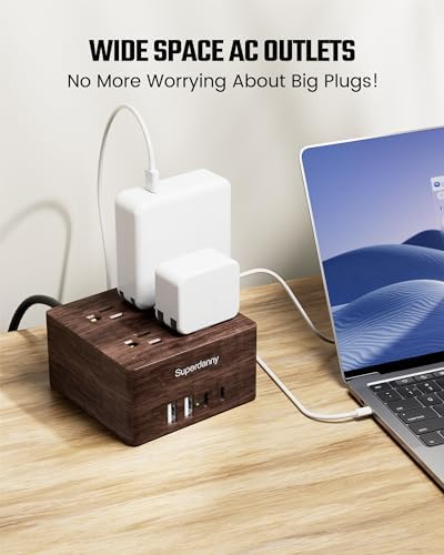 SUPERDANNY Portable USB Power Strip Surge Protector – Premium Desktop Extension Cord with 4 Spacious Outlets & 4 Advanced Smart USB Charging Ports for Home, Office, Hotel, Dorm, and RV Use – Elegant Faux Walnut Finish for Enhanced Aesthetics and Device Safety