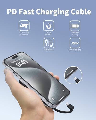 Compact 35 W Magnetic Wireless Power Bank for i Phone 16/15/14/13/12/Pro/Mini/Pro Max – 10,000 m Ah Portable Charger with Built-In Fast Charging Cable & USB-C Port – Ultimate Travel Companion for Rapid Power On-The-Go