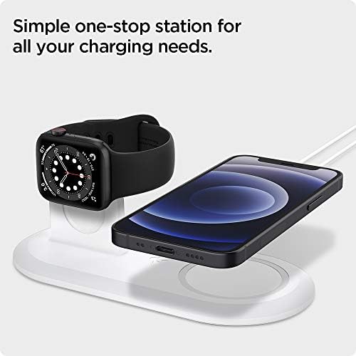 Spigen Mag Fit Duo: Dual Mag Safe Charger Stand for i Phone 16/15/14/13/12, Apple Watch & Air Pods – Fast Charging Pad in Sleek White Finish for Enhanced Device Compatibility and Efficiency