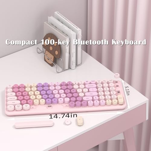 Multitask in Style: Rainbow Pink Wireless Dual Mode Keyboard with Retro Round Keycaps – Connect 3 Devices Effortlessly for Enhanced Productivity and Comfort