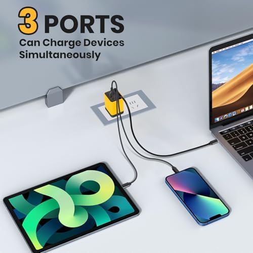 Ultimate 80 W Ga N Fast Charger Module: Versatile 3-in-1 Travel Charging Solution with Type-C Cable & Dual USB Ports for i Phone 15/14, Samsung Galaxy, Mac Book, and More – Compact & Stylish Yellow Power Hub for Maximum Device Compatibility and Speed Efficiency