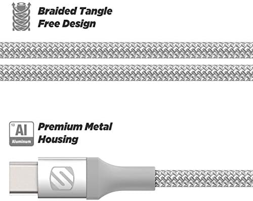 Scosche Strikeline 6 ft Premium USB-C Right-Angle Braided Charging Cable – Fast Charge & Sync for Enhanced Device Compatibility – Sleek White/Silver Design for Gamers & Professionals