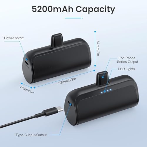 Dual Pack Mini Portable i Phone Charger 5200 m Ah – Ultra-Compact 20 W PD Fast Charging Power Bank for i Phone 14, 13, 12, 11, X, 8, 7, 6 Series – Perfect Travel Companion for Quick Device Recharges and Enhanced Compatibility
