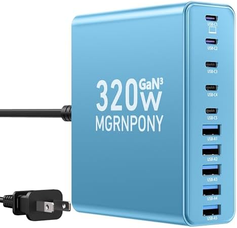 Power Up Like Never Before: 320 W Multi-Device USB C Charger Block with 10 Ports – Ga N III Fast Charging Station for Laptops, Tablets & Smartphones – Perfect for Mac Book Pro/Air, DELL, i Pad, i Phone, Samsung Galaxy – Ultimate Compatibility & Safety Features