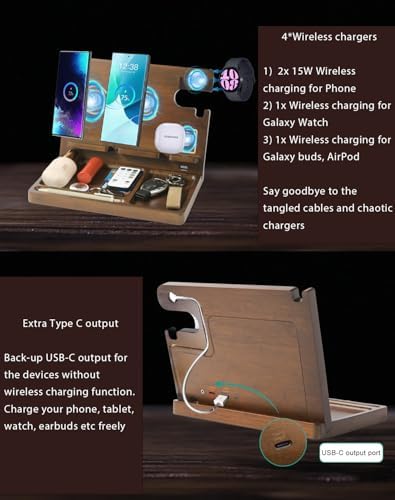 Eco-Friendly Wireless Charging Station for Samsung Devices – Dual Phone Charger, Galaxy Watch & Buds Dock with Elegant Wood Design – Nightstand Organizer & Desk Tray for Stylish Men – Quick Charge & Clutter-Free Convenience