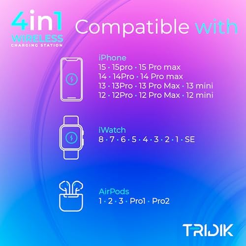 TRIDIK 4-in-1 Wireless Charging Station with Digital Clock & Alarm – 15 W Fast Charger for i Phone, Apple Watch & Air Pods – Includes 20 W Adapter – Ultimate Dock for Enhanced Compatibility & Sleek Design