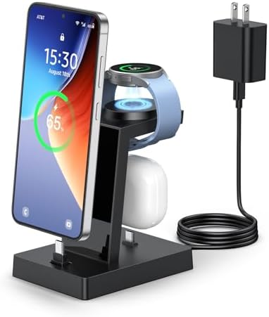 NANAMI 3-in-1 Fast Charging Station for Samsung Devices – 30 W USB-C Charger Dock for Galaxy Watch, Buds, and S24/S25 Smartphones – Efficient All-in-One Charging Solution with Enhanced Compatibility and Safety Features – Ideal for Home and Office Use