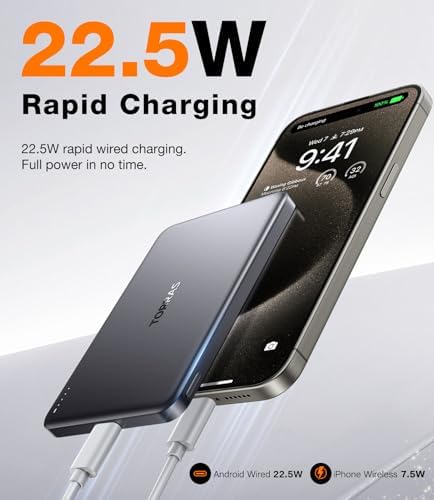 TORRAS Ultra-Slim Magnetic Wireless Power Bank – 10,000 m Ah Fast Charging Portable Charger for i Phone 16/15/14/13/12 in Glacier Gray – Lightweight Design with 22.5 W Quick Charge & USB-C Cable for Ultimate Convenience and Compatibility