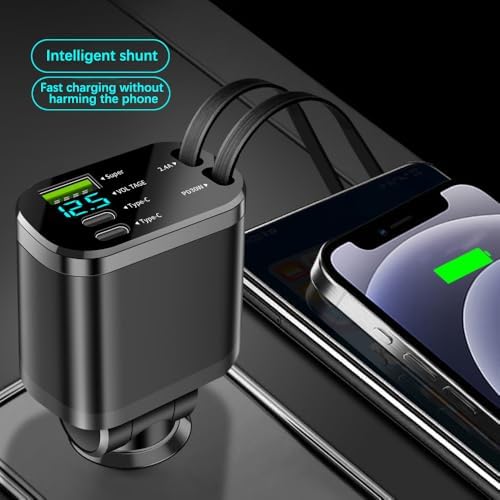 90 W Multi-Port Fast Charging Car Charger with Voltage Detection – Dual USB-C and USB-A Ports, PD 30 W Retractable Cable for i Phone 15/16, Samsung, Android & More – Ultimate Charging Solution for Road Trips and Daily Commutes