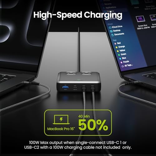 Ultimate 6-in-1 Ga N Charging Station – 100 W Power Strip with 2 AC Outlets, 3 USB-C, and 1 USB-A Port for Fast, Efficient Charging at Home, Office, or Travel – Versatile 5 ft Cord for Unmatched Flexibility and Device Compatibility