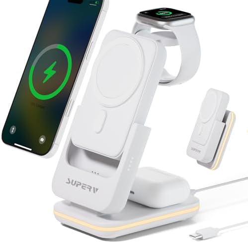 Ultimate 4-in-1 Magnetic Charging Station – SUPERV Foldable 5000 m Ah Power Bank for i Phone 16/15, Apple Watch, Air Pods & Samsung Galaxy S25/S24 – Fast Wireless Charger with Enhanced Mag-Safe Compatibility for Seamless Portability and Versatile Device Support