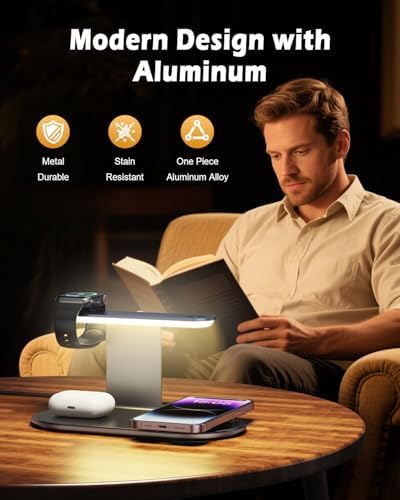 4-in-1 Wireless Charging Station with Adjustable LED Night Light – Fast Charging Dock for i Phone 12-16, Apple Watch Series 1-8/Ultra & Air Pods – Enhanced Safety Features, Seamless Magnetic Alignment, and Premium Metal Design for Home or Office Use