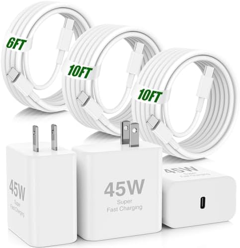 Ultimate 45 W USB-C Fast Charger Trio for i Phone 16 & Samsung S25 Ultra – Versatile Charging Blocks with 10/10/6 FT Cables for Air Pods Pro 2 & i Pad – Unmatched Efficiency & Compatibility for Mobile Power Solutions