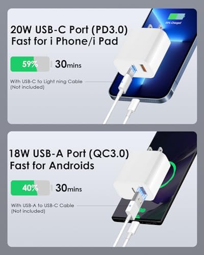4-Pack Fast Charging USB C Charger Block – Dual Port Multiport Adapter with PD 20 W USB-C & QC 3.0 USB-A for i Phone 16/15/14/13/12/11/X/8, i Pad, Samsung Galaxy, Google & More – Ultimate Charging Solution for Home, Office, and Travel
