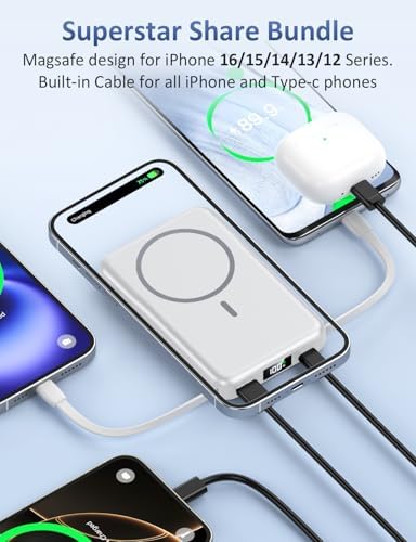 Ultimate 5-in-1 Mag Safe Battery Pack – 10,000 m Ah Portable Charger with Built-in Cable for Fast USB-C Charging | Compatible with i Phone 16/15/14/13 Pro/Pro Max & Samsung Series | Enhanced Magnetic Hold & Versatile Multi-Device Charging Solution | Ideal for On-the-Go Power Needs