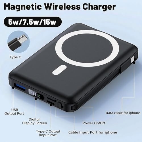 Azmuth Mag Safe 10,000 m Ah Magnetic Power Bank – Rapid 22.5 W PD Charging with LED Display, Portable Wireless Charger for i Phone 12-16, Pro, Pro Max – Integrated Stand for Effortless Use, Ultimate Compatibility, and Efficiency