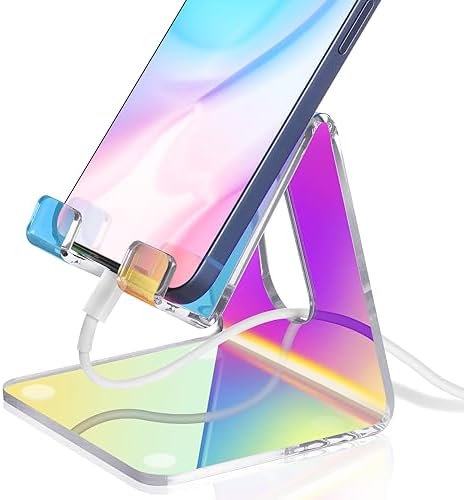 Tomorotec Adjustable Angle Acrylic Cell Phone Stand for Desk, Foldable Acrylic Phone Holder Cute for Office, Portable Non-Slip Desktop Smartphone Holder, Fit for iPhone Samsung Galaxy (Iridescent) – Enhanced Compatibility and Speed
