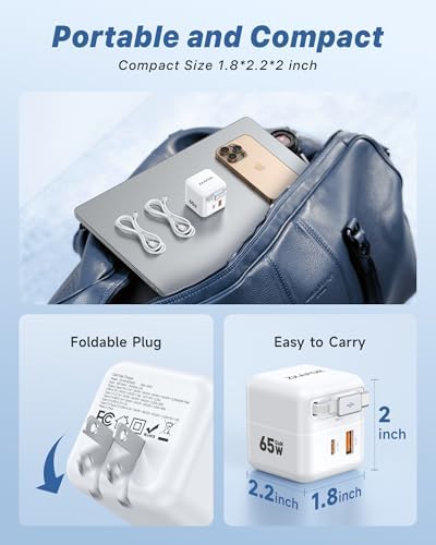 65 W USB-C Travel Charger with Retractable Cable – Dual Port Fast Charging Block for i Phone 16/15 Pro Max, Mac Book Air, and Galaxy – Compact, Foldable Design for Ultimate Portability and Enhanced Compatibility