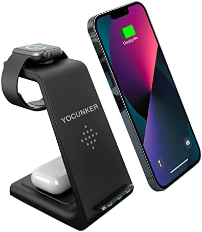 YOCUNKER 3-in-1 Qi Wireless Charging Dock – Efficient Space-Saving Solution for i Phone 14/13/12/11 Pro Max, Apple Watch Series 7/SE/6/5/4/3/2 & Air Pods 3/Pro/2 – Fast, Reliable Power with Enhanced Safety Features – Streamline Your Charging Experience and Declutter Your Workspace with This Sleek, Compact Design