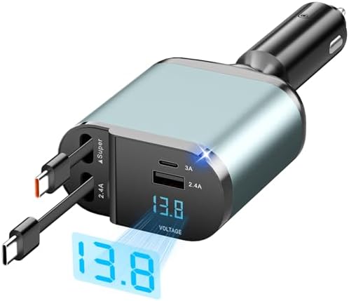 69 W Retractable Car Charger – 4-in-1 Fast Charging Solution with 2.6 ft Cables, Dual USB C & A Ports for i Phone 16/15/14/13/12/11, Galaxy, Pixel & Samsung Devices – Ultimate Travel Accessory for Seamless Power on the Road