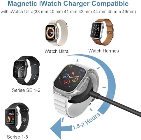 Chic 3.2 FT Wireless Fast Charger for Apple Watch – Effortless Charging Solution with Stylish Pink Design, Compatible with All Series 1-10, Includes Wall Plug for Ultimate Portability and Quick Power-Ups for Active Lifestyles