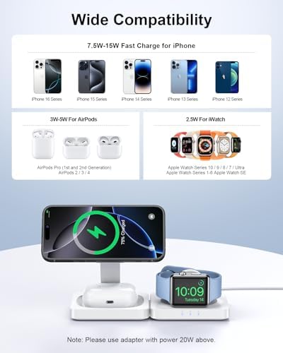 2025 ADADPU Magnetic Wireless Charging Station – Ultimate 3-in-1 Foldable Mag-Safe Charger for i Phone 16, 15, 14, 13, 12 Pro Max Plus, Apple Watch & Air Pods – Travel-Friendly, Fast Charging Pad with Enhanced Compatibility and Magnetic Alignment
