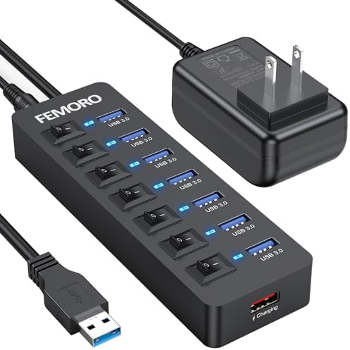 Advanced 7-Port USB Hub 3.0 for Seamless Connectivity | Lightning-Fast 5 Gbps Data Transfer | Powered Hub with 12 W Charging Port & 4 Ft Cable | Individual Power Switches for Ultimate Device Control | Ideal for Laptops, PCs, SSDs, and More