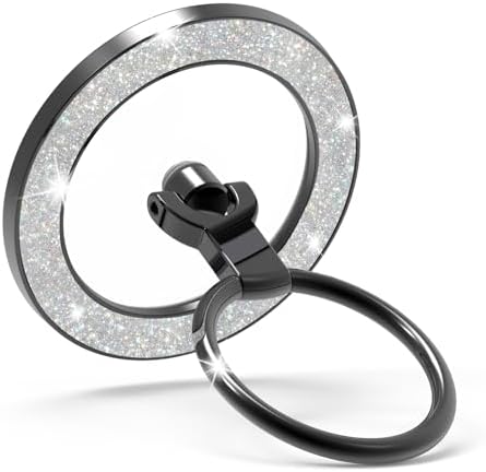 Glitter Black Mag Safe Phone Grip Stand – Stylish Magnetic Ring Holder for i Phone with 360° Rotational Flexibility, Effortless Hands-Free Functionality, and Universal Compatibility for All Mag Safe Devices – Lightweight and Durable Accessory for Everyday Convenience