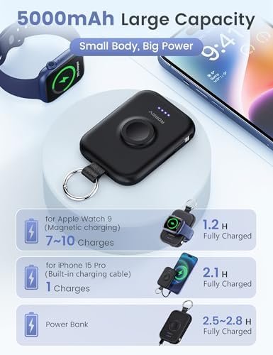 Compact RORRY 5000 m Ah Portable Charger Power Bank with Integrated Cables – Sleek Keychain Battery Pack for i Phone 16/15/14/13/12 and Apple Watch Ultra Series, Ultimate Travel Companion with Fast Charging and Modern Design