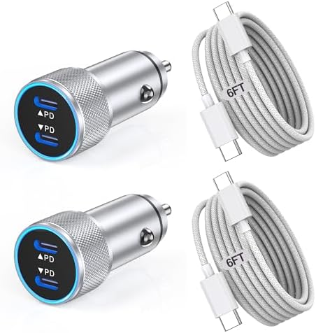 Fast Charge Dual USB-C Car Charger for i Phone 16/16 Pro Max/15 with Braided Nylon Cable – High-Speed PD3.0 Adapter for Convenient On-the-Go Charging – Durable, Compact Design for i Pad Compatibility – Tangle-Free Solution for Everyday Use – Essential Road Trip Companion