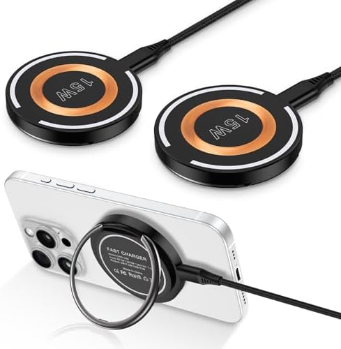Samsung Magnetic Wireless Charger Pad – 15 W Fast Charging Stand for Galaxy S25/S24/S23/S22/S21/S20 and i Phone 16 Pro Max/15/14/13/12 – 2 Pack with USB-C Cables – Enhanced Magnetic Suction & Wide Device Compatibility for Quick and Safe Charging Experience – Ideal for Home, Office, and Travel Use – Perfect Gift for Tech Enthusiasts