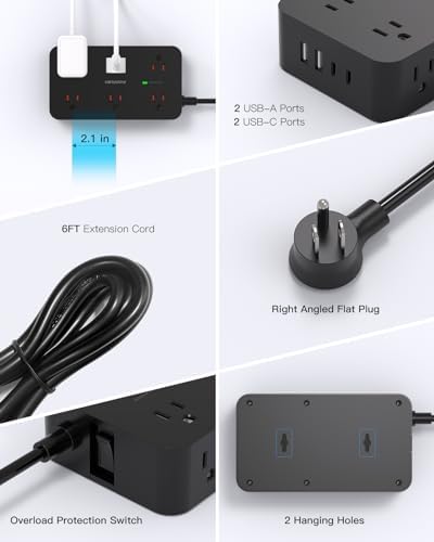 HANYCONY 12-Outlet Power Strip Surge Protector with 4 USB Ports (2 USB-C) – 6 ft Flat Extension Cord with 1800 J Surge Protection, Wall-Mountable Charging Station for Home, Office, and Dorm Room – Ultimate Device Connectivity and Fast Charging Solutions
