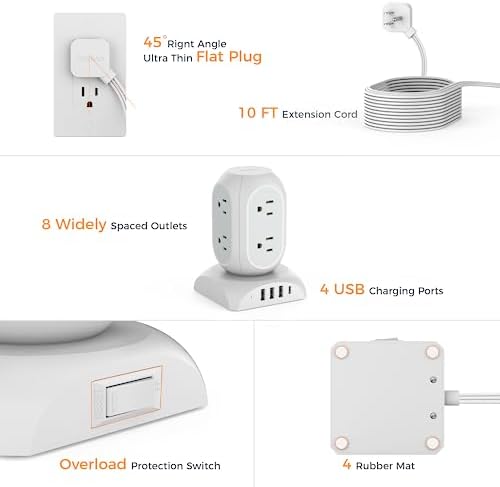 TESSAN Surge Protector Power Strip Tower with 10 Ft Flat Plug Extension Cord – 8 AC Outlets & 4 High-Speed USB Ports (1 USB-C) – 1050 Joules Protection – Ideal Charging Station for Home, Office, and Dorm Room Use – Maximize Safety and Organization