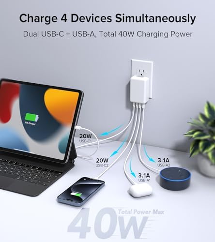 Elevate Your Charging Game with the 2 Pack Flat USB C Charger Block – 40 W Fast Charge Hub for i Phone 12-16, i Pad & Samsung Devices, Featuring 4 Ports for Simultaneous Power Delivery & Quick Charge, Sleek Light Blue Travel-Friendly Design Ideal for Home & On-the-Go Use