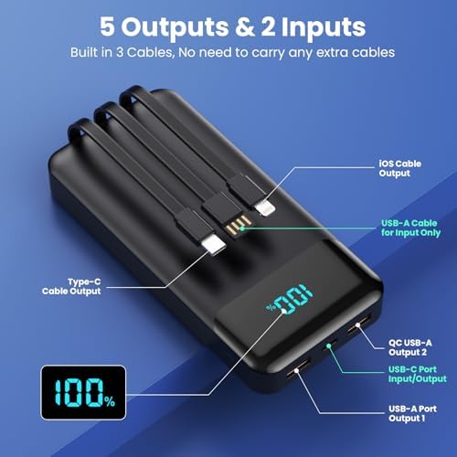 High-Capacity 40800 m Ah Portable Charger with Integrated Cables – Fast PD 25 W USB-C & QC4.0 Power Bank for i Phone 15/16 and Samsung – Smart LED Indicator, 5 Outputs for Multi-Device Charging – Ultimate Travel Companion for On-the-Go Power Solutions