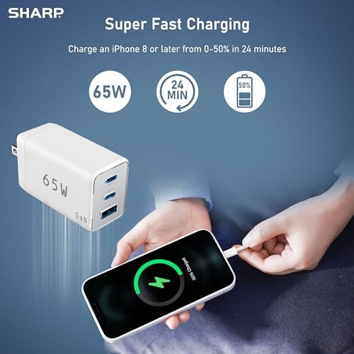 Revolutionize Your Charging Routine with the Sharp 65 W USB-C Multi-Port Wall Charger – Cutting-Edge Ga N Technology Powers Mac Book Pro, i Pad Pro, Galaxy S23, Dell XPS 13, i Phone 15 & More – Three-Port Design for Simultaneous Fast Charging – Compact, Foldable, and Travel-Friendly Solution for Tech Enthusiasts – Ultimate Compatibility for All Your Devices