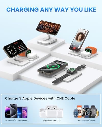 Magnetic Wireless Charging Station for i Phone 15/14/13/12 Pro Max & Apple Devices – Joy Geek 3-in-1 Fast Charger Pad for i Phone, Apple Watch Ultra 9-2, and Air Pods – Compact Design with Enhanced Compatibility and Secure Magnetic Alignment