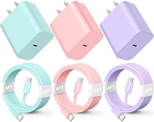 Dynamic Power Trio: 20 W USB-C Wall Charger Set with 6 ft Colorful Cable for i Phone 16/15 Pro/Plus/Pro Max & i Pad – Fast Charging Made Stylish and Convenient for On-the-Go Lifestyles | Compact Design for Effortless Portability and Enhanced Device Compatibility