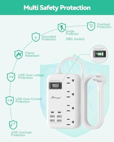 Alitayee 20 W USB-C Power Strip: Compact 3-Outlet Surge Protector with Fast Charging & Flat Plug for Travel, Home, and Office – Ideal for i Phone and QC 3.0 Devices with 3 ft Extension Cord for Maximum Portability and Compatibility