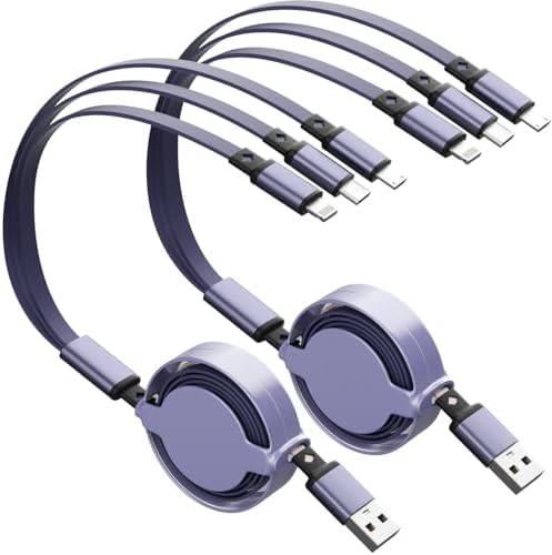 IDISON Retractable 3-in-1 Multi Charging Cable [2 Pack, 3.3 ft] – Versatile USB Charger with Lightning, Type-C, and Micro USB Connectors for Fast Charging of i Phone, Samsung Galaxy, Tablets & More – Durable, Tangle-Free Convenience in Purple