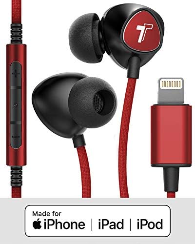 Thore V110 MFi Certified Braided Lightning Earbuds for i Phone – Sweat & Water-Resistant In-Ear Headphones with Built-in Mic and Volume Control – Perfect for Active Lifestyles and Seamless Connectivity with i Phone 12/13/14 Pro Max – Stylish Red Design for Enhanced Durability and Comfort