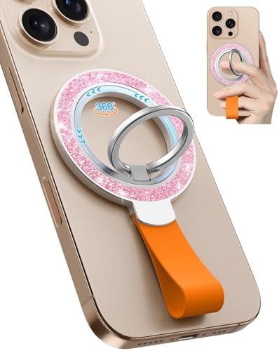Tycamp Mag Safe-Compatible Glitter Phone Grip Ring Holder Stand for i Phone 16/15/14/13/12 Series – Stylish Magnetic Phone Accessory with Removable Rotating Design for Enhanced Grip and Glam Appeal in Black – Secure Attachment for Selfies, Texting, and Viewing