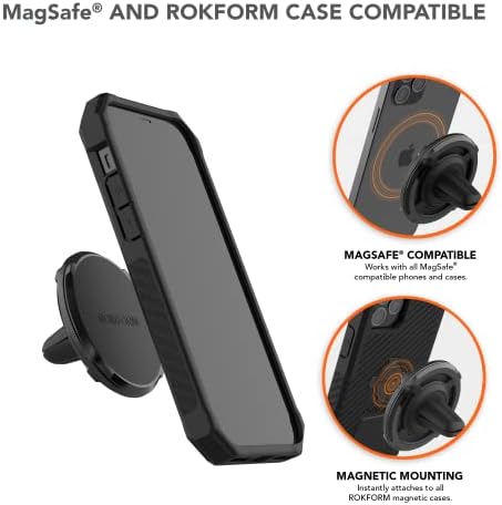ROKFORM Premium Aluminum Magnetic Air Vent Phone Holder – Dual Grip Mount for Mag Safe & All Smartphone Cases – Ultimate Stability & Hands-Free Navigation Accessory in Sleek Black Finish