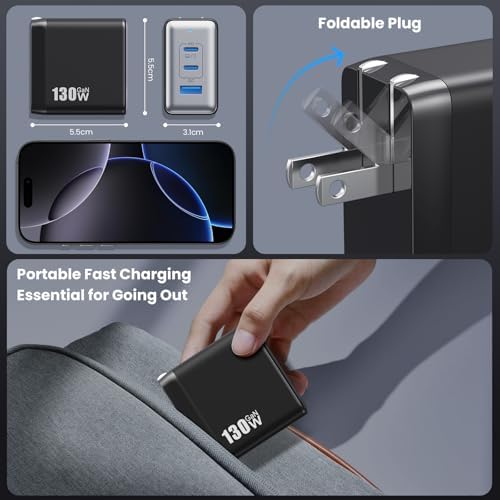 High-Power 130 W USB-C Charger Block | 3-Port Ga N Fast Charging Station | Compact Foldable Type C Wall Charger for Laptop, i Phone 16/15, i Pad Pro & Galaxy Series | Efficient PD QC Charging Solution for On-the-Go Connectivity