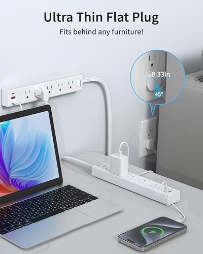 Ultra-Slim 15 FT Flat Plug Power Strip with 5 Outlets & 3 Smart USB Ports – 1700 Joules Surge Protector for Home, Office & Dorm Use – Space-Saving Design with Right-Angle Plug for Optimal Access and Charging Efficiency