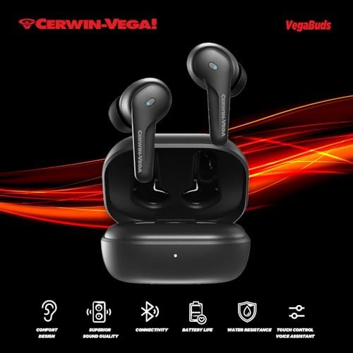 CERWIN-Vega! Eb1 Wireless Earbuds – Unleash Premium Bluetooth Sound with Advanced Noise Cancellation for Gamers, Athletes, and Active Lifestyles – Ultra-Lightweight, Sweat-Proof Design with Extended Battery Life for Continuous Audio Enjoyment