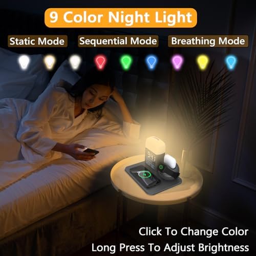 Ultimate 9-in-1 Wireless Charging Station with Integrated Alarm Clock and Night Light – Fast Qi-Certified Docking Solution for Apple Devices with 30 W Ga N Charger and USB Port – Stylish Blue Design for Clutter-Free Bedside Charging